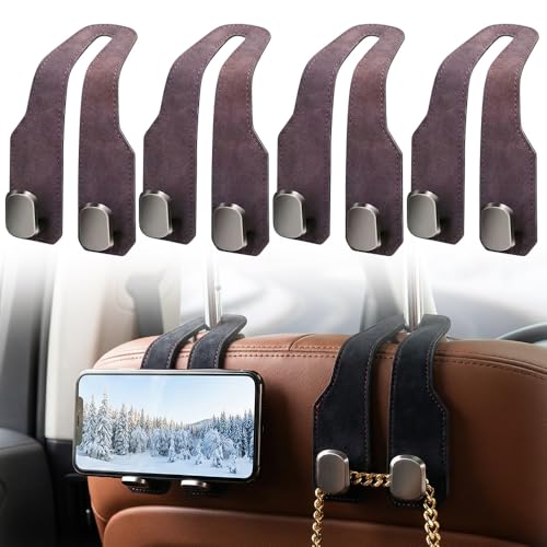Image of Fauppt Headrest Hooks for Car Car Seat Hooks for Headrest,2026 Hooks for Purses and Bags Cute Car Purse Holder,Twinhook Leather Car Headrest Hangers Seat Back Organizers for Travel (Brown*4)
