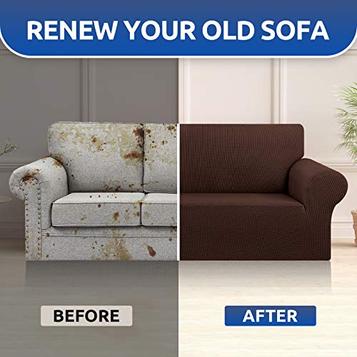 KEKUOU Stretch Oversized Sofa Slipcover 1 Piece Couch Sofa Cover (94"-110") Furniture Protector 4 Seater Sofa with Elastic Bottom for Kids,Pet.Jacquard Checked Pattern Fabric(X Large,Chocolate)
