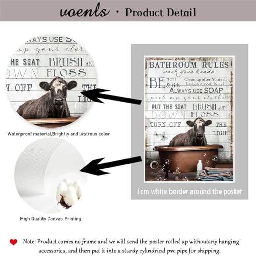 Image of Cow Bathroom Canvas Wall Decor Rustic Bathroom Rules Prints Sign Wall Art Black And White Cow In The Bathtub Pictures Wall Decor Poster Funny Cow Wall Art Humor Animals Artwork Prints 16x24in No frame