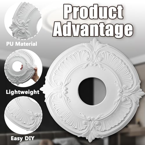 Image of Uenhoy 2 Pcs Lighting Ceiling Medallions for Light Fixtures and Ceiling Fans, 12 inch OD White Vintage Ceiling Cover Plate, PU Ceiling Fan Medallion 12 inch OD x 3.5 inch ID
