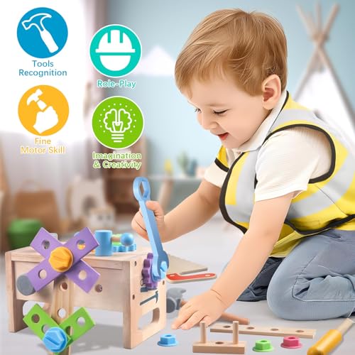 Aliex Wooden Kids Tool Set, 30pcs Toy Tools for Toddlers with Vest, Tool Kit Toddler Montessori Stem Learning Educational Toys for 3 4 5 Years Old Boys Girls, Birthday Gift for Kids - Thumbnail 5