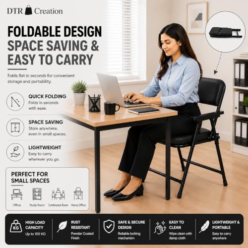 Image of Foldable Cushioned Chair with Armrests | Heavy Duty Metal Frame | Soft Padded Seat & Backrest | Space Saving Folding Chair for Home, Office, Study & Guest Seating | Black
