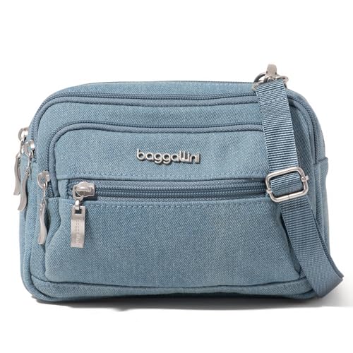Baggallini Bolsa tiracolo pequena com zíper triplo para mulheres - 20 x 15 cm bolsa de cinto conversível, Jeans índigo claro