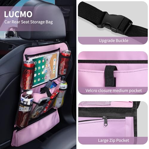 Image of LUCMO Car Backseat Organizer with Touch Screen Tablet Holder, Pink | 2 Pcs,9 Storage Pockets,Clear Tablet Holder,Protectors Kick Mats,Travel Accessories,Seat Cover,Road Trip Essentials