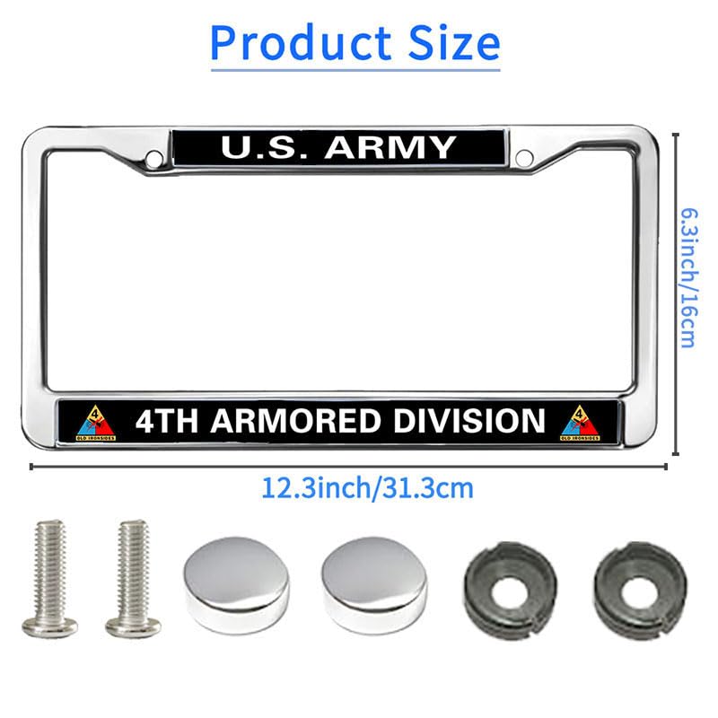 Image of US Army 4TH Armored Division Metal License Plate Frame Chrome,Veteran US Army Chrome License Plate Frame Tag Universal to fit