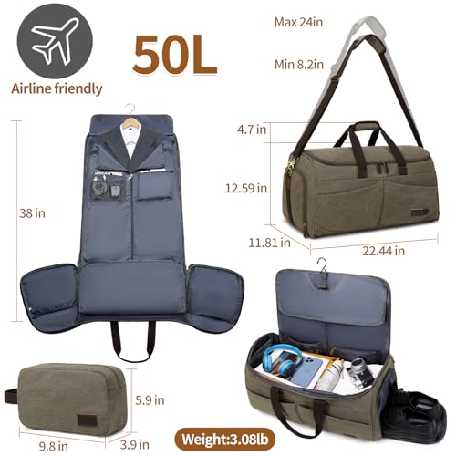 Wogarl 4 in1 Garment Bags for Travel,Convertible Garment Duffle Bags with Shoe Compartment,Detachable Hanging Suit Bag,Sports Gym Duffle Bag with Toiletry Bag for Men Women(Army Green)