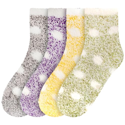 Image of BambooMN Women's Soft Warm Fuzzy Fluffy Polka Dot Cuff Crew Home Socks
