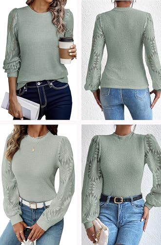 Image of BLENCOT Womens Casual Crochet Top Mesh Lace Long Sleeve Shirts Waffle Knit Blouse Crewneck Shirt Fall Womens Tops Pullover
