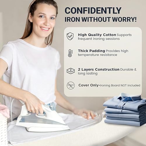 Image of Ironing Board Cover and Pad 15 inchx54 inch Extra Thick Natural Cotton, Scorch and Stain Resistant Padding,Standard Size Iron Board Cover with Fasteners Heavy Duty Elastic Edge, Beige