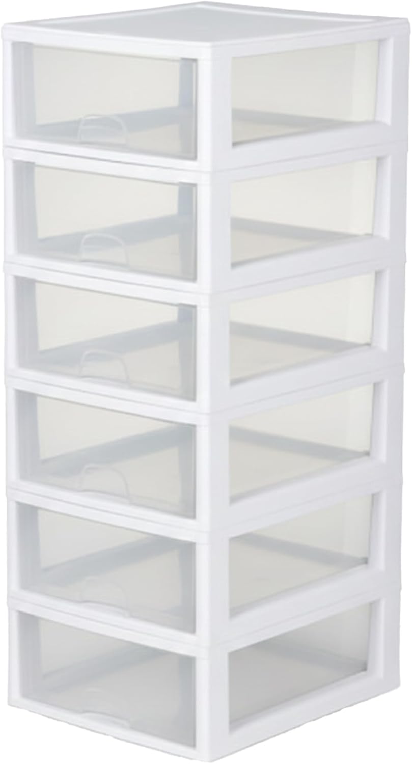 Sterilite 6-Pack 16 Qt Clear Stacking Drawers, White Frame - Stackable Closet Organizers for Clothes, Shoes, Crafts & Supplies