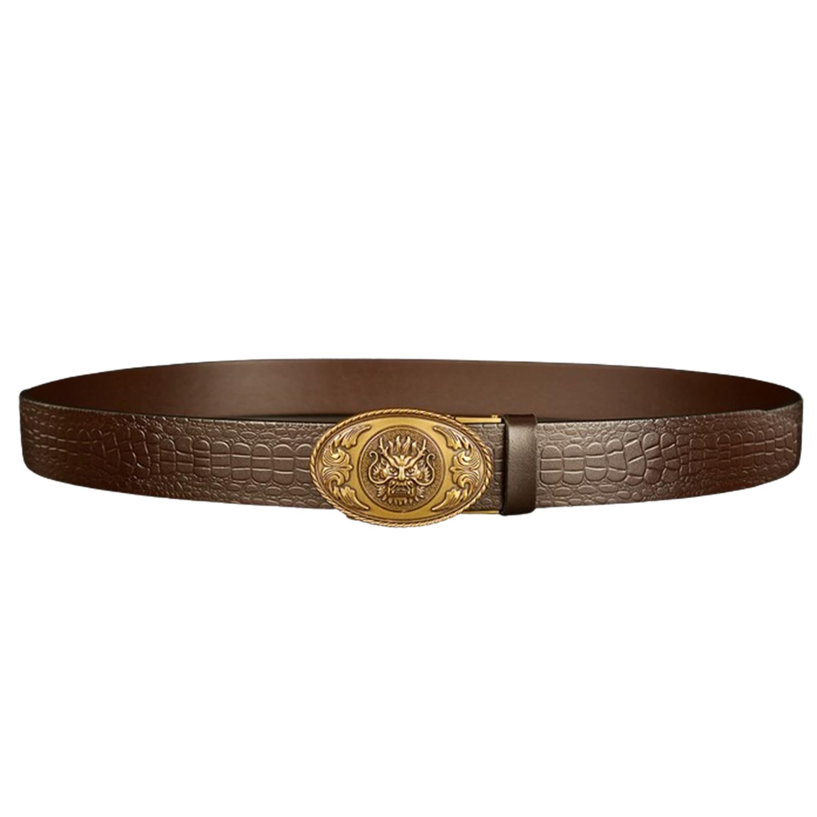 Cinturón Con Trinquete En Relieve, Hebilla Automática Ovalada Deslizante Cabeza De Dragón Dorada, Correa Vaquera Grabado Cocodrilo For Jeans