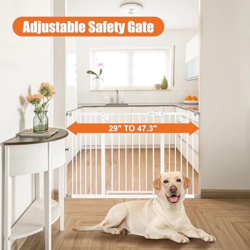 Image of keny 29 inch-47.3 inch Extra Wide Baby Gate for Stairs, Auto Close Safety Dog Gate | Pressure Mounted No Drilling Pet Gate for Doorways, Easy Walk Through Stair Gate for Kids Todder, 30 inch Tall, White