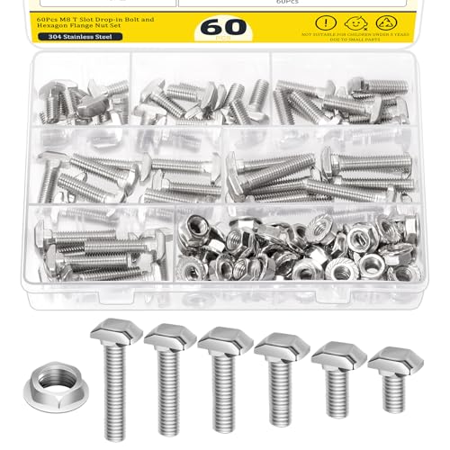 Image of 60Pcs European Standard 40 Series M8 T Slot Drop-in Bolt, M8 x 16 /20 /25 /30 /35 /40mm Hammer Head T-Slot Drop-in Stud Sliding Bolt Screw with Flange Nut for Aluminum Extrusion