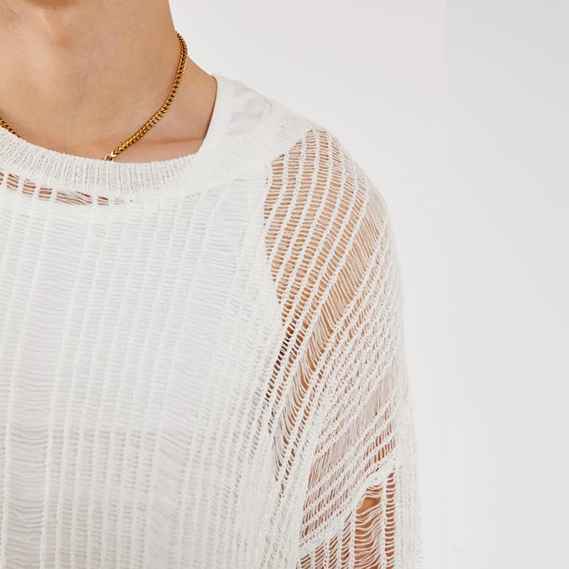 Evankin Men's Long Sleeve T-shirt Hollowed out Semi See Through Top Elastic Loose Knit Sweater Base Layer Bottom Underwear3
