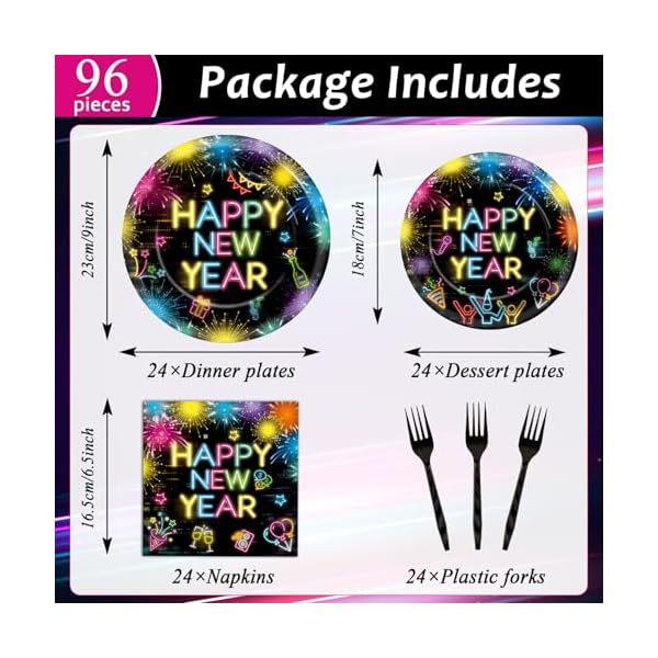   96pcs-Happy-New-Year-Party-Plates-and-Napkins-Glow-in-the-Dark-Neon-Party-Decorations-for-New-Year-Eve-Party-Dessert-Plates-Holiday-Paper-Dinnerware-Kids-New-Year-Birthday-Tableware-Decor-Serve-24