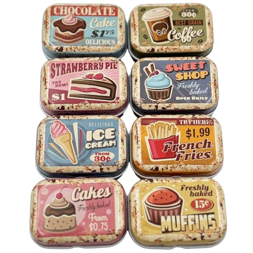 8Pcs Mini Butter Dessert Tin Trinket Jewelry Organizer Storage Box Decorative Boxes Vintage Small Metal Tins with Hinged Lids Portable Containers Small Storage Kit Christmas Stocking Stuffers (Brown)