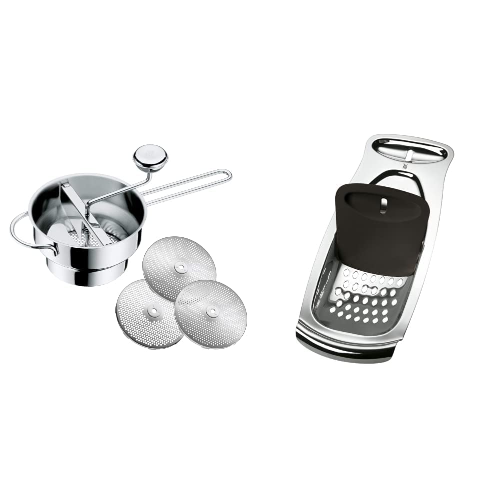 WMF Gourmet Passiermühle mit 3 Lochscheiben, 19 x 11,5 cm, Cromargan Edelstahl poliert, zerlegbar & Spätzle-Profi 35 x 14 cm, Spätzlereibe mit Teigschaber, Spätzlehobel, Cromargan Edelstahl