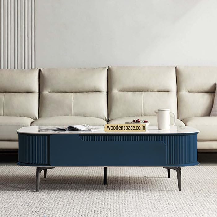 Image of WOODEN SPACE Premium Marble-Top Wooden Center Table for Living Room | Iron Legs | PVD Coating | Modern Entryway Furniture | Coffee Table - 42X24X18 in (Royal Blue)