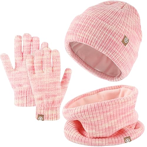 Winter Beanie Hut, Schal, Handschuhe Set,Kinder Wintermütze Schal Handschuhe Set, Mütze Warme Beanie Hut Jungen Touchscreen Handschuhe Runder Schal Set für 5-12 Jahre (Rosa-Mischung)