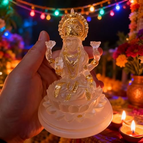 Estatua de Diosa Lakshmi 4.3 in Resina Blanca y Dorada miniatura 3