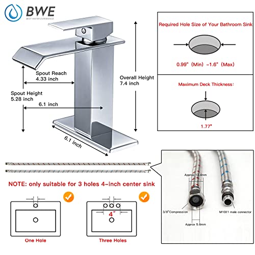 Bwe Bathroom Faucet Chrome Modern Waterfall Single Hole Bathroom Sink Faucet Parts Spout Bath Lavatory Vanity And Supply Hose Single Handle Square #TOP5