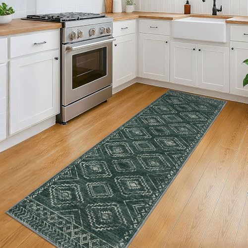 KILOCOCO Boho Kitchen Runner Rug 2x6 Washable Runner Rug, Soft Runners for Hallways Non Slip Printed Distressed Laundry Room Rug, Low-Pile Rug for Entryway/Bedroom/Living Room, Green
