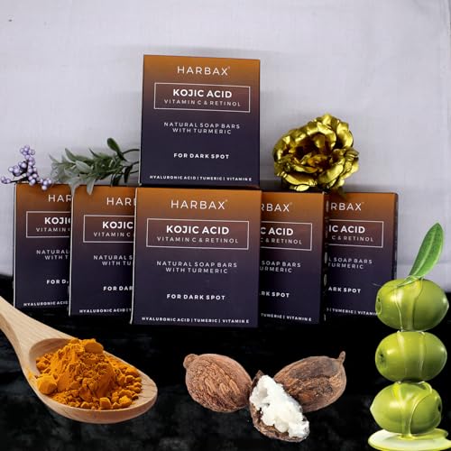 Image of Kojic Acid Soap (Pack of 6 (100 Grm)) for Hyperpigmentation - with Glutathione, Collagen & Vitamin C - Natural Soap Bars with Turmeric - Original Japanese Complex for Dark Spot Correction