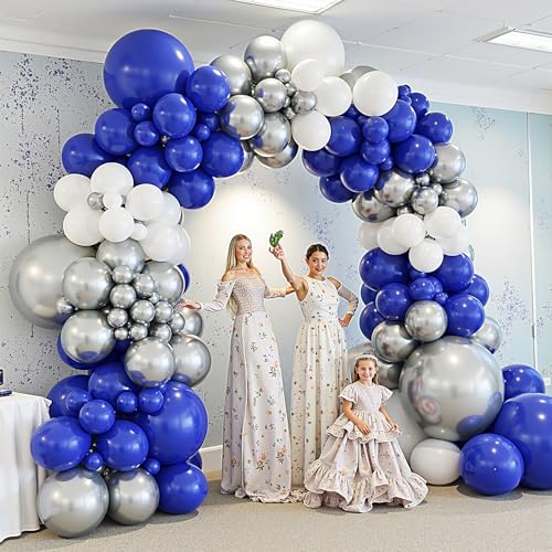 Image of 412Pcs Blue White Silver Balloon Arch Kit,18 12 10 5 Inch Different Size Royal Blue and White Balloons for Graduation Birthday Wedding Party Decorations