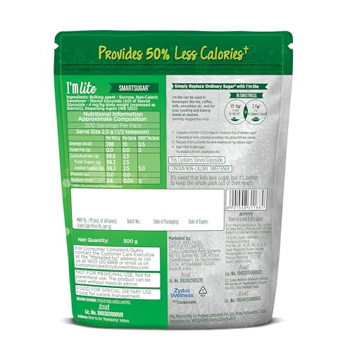 Image of I'm Lite - Sugar blended with Stevia, 50% less calories, 500 g Pouch (Pack of 9)