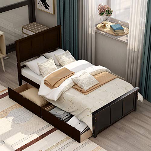 Merax Wood Twin Size Bed Frame with 2 Storage Drawers, Solid Wood Platform Bed with Headboard, Wooden Slats Mattress Foundation, No Spring Needed, Twin Bed Frame for Kids, Teens, Adults, Espresso