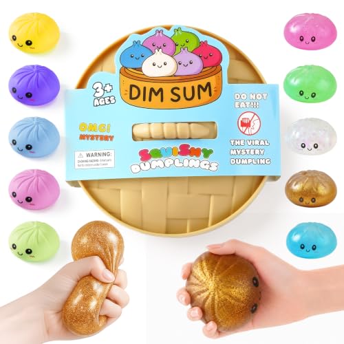 Image of Dumpling Squishies, Dumpling Mystery Box, Colorful Dumplings Stress Balls Toy, Stocking Stuffers with Food Steamer Stretchy Desk Toys (Golden)