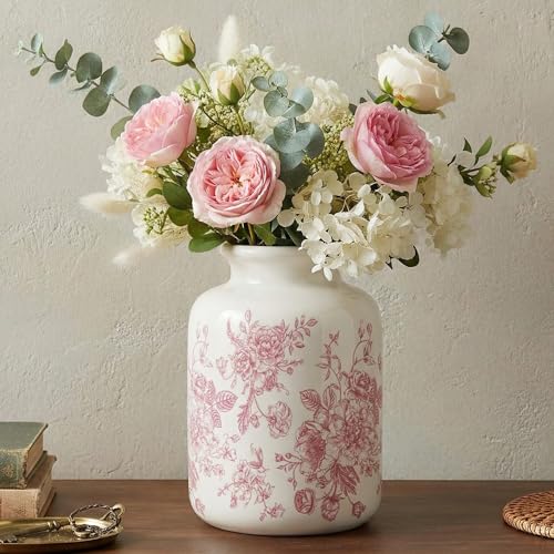 Ferrochef Pink Vintage Floral Vase Retro Rustic Chinoiserie Floral Vase Ice Cracked Ceramic Large Holder for Home Decor Bookshelf Office Living Room Chinoiserie Decors