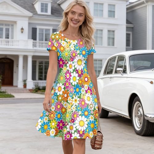 Image of HUGS IDEA Womens Puffy Swing Midi Dress Round Neck Short Sleeve Party A-Line Dresses