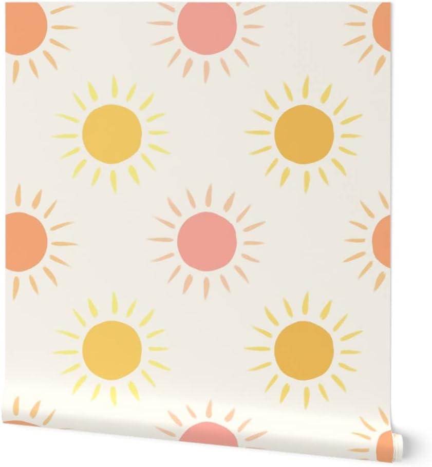 Peel & Stick Wallpaper 12ft x 2ft - Summer Sunshine Coral Pink Mustard Yellow Custom Removable Wallpaper by Spoonflower