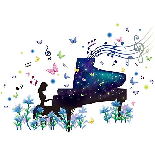 SENGTER Piano Girl Wall Decals Removable Wall Murals Peel and Stick Wallpaper Self-Adhesive Wall Stickers Wall Art Wall Posters Wall Decor for Bedroom Teen Girl Living Room Dance Room Home