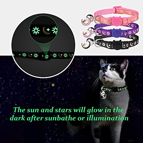 3Pcs Breakaway Cat Collars With Bell Golden Moon Glowing Sun And Star In The Dark For Kitten With Pendant #TOP2