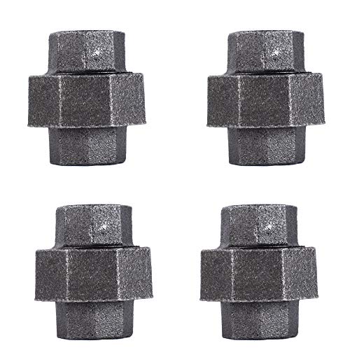 1/2 Inch Union Industrial Malleable Cast Iron Pipe Fitting 4 Pack by Pipe Decor, Pipe Components For Building Tables, Chairs, Shelving, and Custom Furniture, Fits Half Inch Pipes, Four Pack