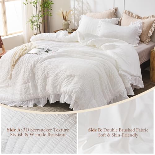 Image of JOLLYVOGUE Oversized Queen Comforter Set, 3 Pieces White Seersucker Comforters, Lightweight & Fluffy Bedding Sets for All Season with 1 Ruffle Comforter and 2 Ruffle Pillowshams