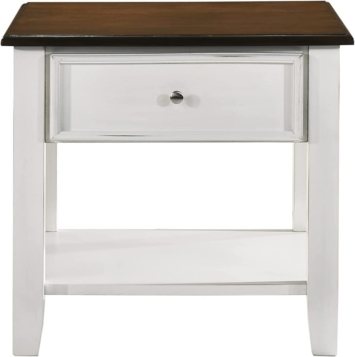 New Classic Furniture Evander Wood End Table with Drawer and Storage, Two Tone Cream/Brown