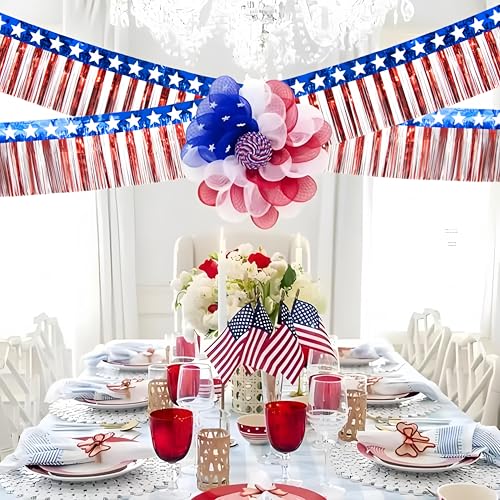 Image of 4th of July Decorations 4 Pack 40Ft Tinsel Foil Fringe Garland Streamers Hanging Red White Blue Fringe Backdrop Banner for Parade Floats Decor 4th of July America Patriotic Day Memorial Day