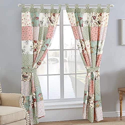 Cozy Line Home Fashions Celia Peachy Floral Vine Country Cottage Flower Garden Patchwork Window Curtains With Tie Backs Set, 84" X 52", 2 Panels #TOP1