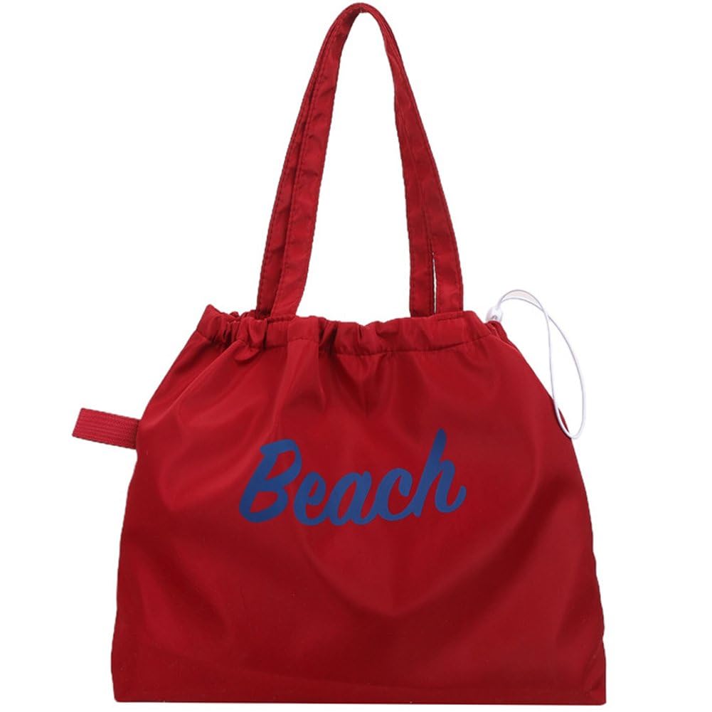 Sslvya Letter Print Tote Bag with Drawstring Large Capacity Beach Shoulder Bag for Daily Travel Grocery Shopping Picnic Use