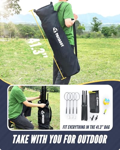 Patiassy 17ft Volleyballnetz Mit Stangen, Badminton Netz Set Mit 4 Badmintonschlägern 3 Gänsefederbälle 1 Volleyball Für Outdoor Höhenverstellbar