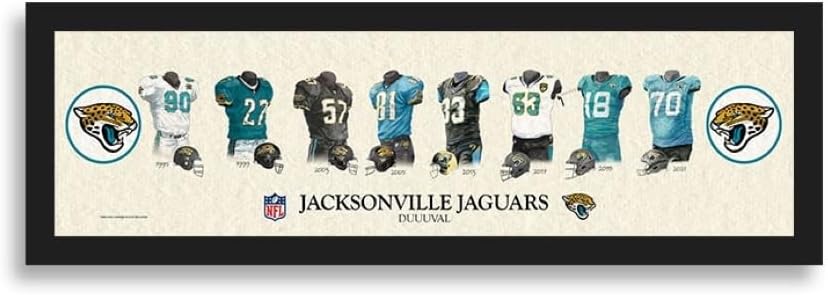 Sporticulture NFL Football Wall Art Print Framed - Jacksonville Jaguars Poster Team Uniform Heritage Jersey Wall Decor - NFL Football Posters for Boys Bedroom & Decorations for Man Cave, 8x26