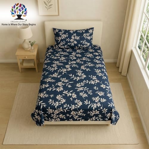 Image of Dream Living Printed Floral Single Bedsheet with 1 Pillow Cover | 120 GSM | 150x220 Cm | Blue