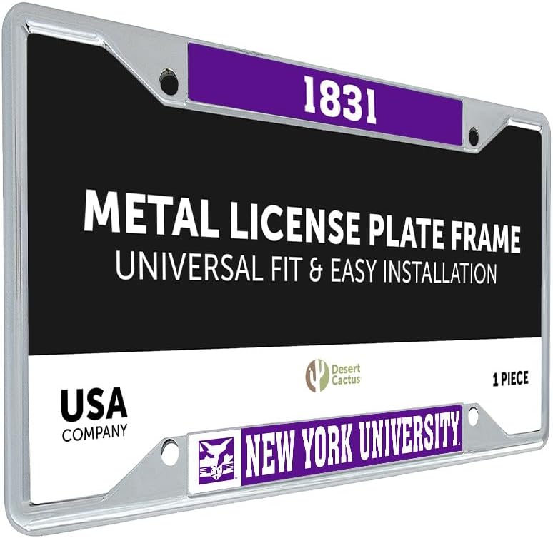 Desert Cactus New York University License Plate Frame NYU Violets Car Tag Holder for Front or Back of Car Officially Licensed Metal (Founding Year)