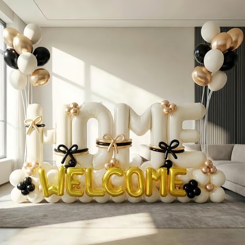 145Pcs Housewarming Party Decorations 40Inch Beige Welcome Home Balloon Banner Cream Ivory Black Gold Balloons for New Home Sweet House Warming Homecoming Party