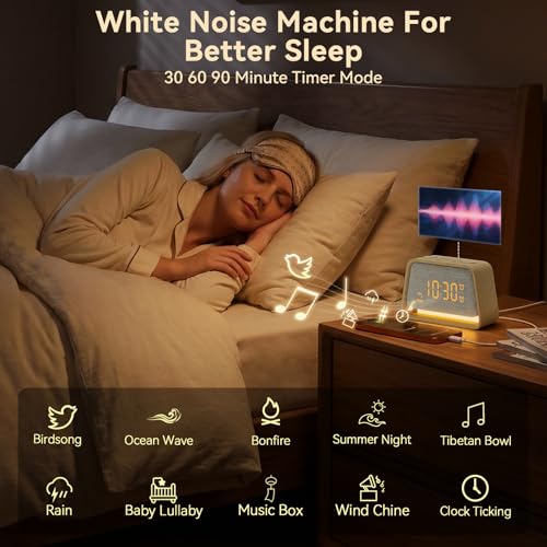 Image of Vivilumens Dual Alarm Clock Wooden 20 White Noise Sound Machine Gentle Wake Up Light for Adults Sleeping Digital Dimmable Night Light Bedside Lamp Sunrise Alarm Clock for Bedroom Gift for Mom Girls