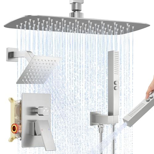 Set de grifería para ducha, sistema de lluvia de montaje en techo de 12" con 2 cabezales de ducha, 2 en 1 de mano, válvula de balance de presión de latón macizo y kit de recorte, acabado niquelado cepillado miniatura 1