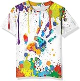 Neemanndy Kids Paint Shirt 3D Print White Colorful Paint Splatter Short Sleeve Shirt for Boys and Girls, 8-10 Years